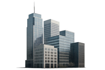 Naklejka premium Modern city office buildings with glass facades and contrasting stone architecture on a transparent background