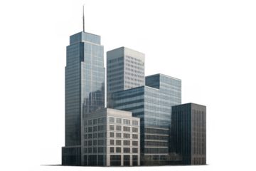 Modern city office buildings with glass facades and contrasting stone architecture on a transparent background