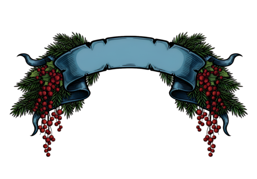 Vintage winter scroll with evergreen boughs and bright red berries for festive holiday designs and elegant Christmas cards, adding a touch of classic charm - Powered by Adobe