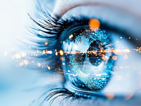 A macro view of a human eye with a digital representation of the Earth and glowing data points reflected in the iris.