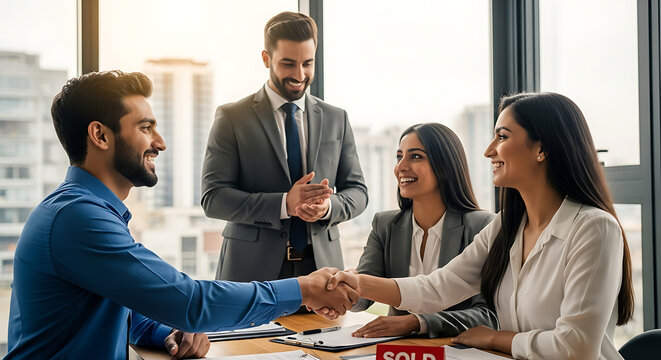 Diverse business professionals shaking hands during a meeting in a modern office