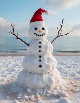 Christmas vacation on the beach concept snowman in a festive pose on a snowy surface outdoors snowman christmas  holiday decoration winter season cute snow