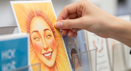 Woman Selecting a Colorful Greeting Card with a Smiling Face Design at a Retail Store Display
