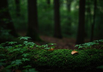 A peaceful, rich texture of deep green foliage and forest moss thriving under cool, damp conditions in the middle of the changing autumn season ,environment ,background ,autumn green
