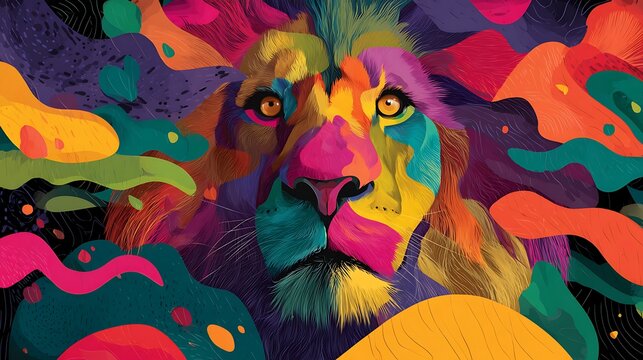 Vibrant lion artwork with colorful abstract shapes and dark background details - Powered by Adobe