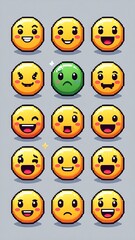 Naklejka premium Emoticons Set Pixel Art Expression Communication Mood Feelings Yellow Green Funny Different Positive Negative.