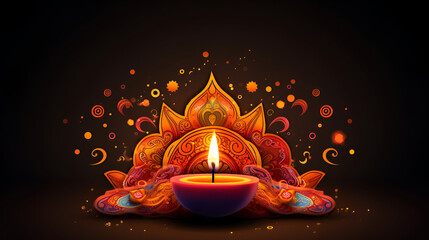 Indian festival Diwali background with diya and fireworksCelebrating the Festival of LightsHappy Diwali festival greeting card with diya on purple background
