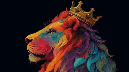 Side view of a colorful lion with a golden crown on a black background