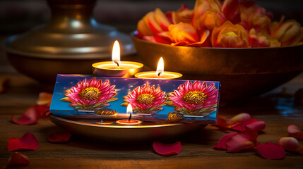  Colorful Diwali decorations with traditional candles, oil lamps, vibrant flowers and decorative bowlsTwo decorative lotus flower candles burning with warm flames, creating a serene and spiritual atmo