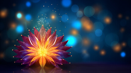 Colorful candles and flowers in the shape of a flower on a black backgroundColorful diwali diya lamps lit on colorful rangoli

