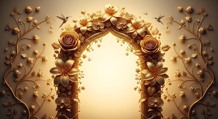 Golden floral archway with hummingbirds creating an elegant and luxurious frame for invitations or greetings