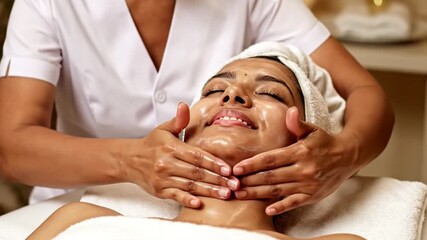 Relaxed woman enjoying facial massage, spa treatment in serene setting, wellness and self-care routine, Middle Eastern female adult