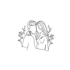 Elegant line art of loving couple embracing surrounded by delicate floral accents, perfect for wedding invitations, romantic cards, and heartfelt designs