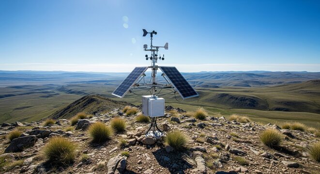 A weather station on a mountain peak, collecting environmental data with solar panels.