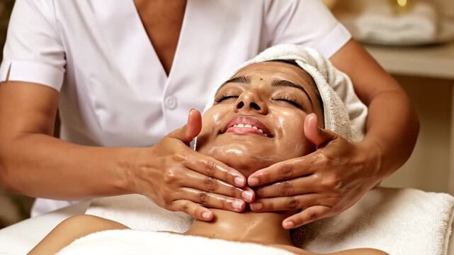 Relaxed woman enjoying facial massage, spa treatment in serene setting, wellness and self-care routine, Middle Eastern female adult - Powered by Adobe