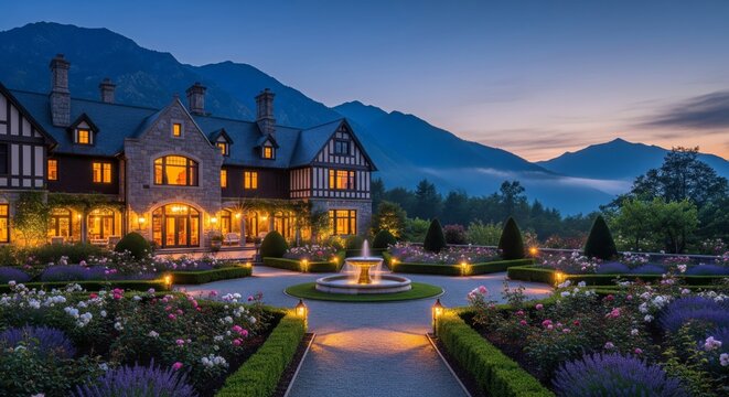 Elegant mansion at dusk, illuminated by warm lights, surrounded by gardens and mountains.