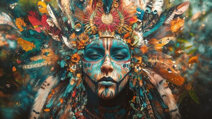 Obraz premium Mystical Shamanic Vision An adorned figure in a vibrant, feathered headdress with intricate face paint, representing ancient wisdom and spiritual awakening