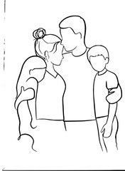 Loving parents embrace children with tender affection, capturing heartwarming family bonds in a simple, elegant line art style