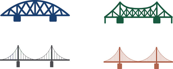 Obraz premium Colorful bridge architecture icons, structural engineering illustration set, suspension and truss bridge vector collection, urban construction design elements for infrastructure graphics