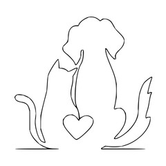 Adorable cat and dog silhouette embracing a heart, symbolizing unconditional love and companionship for pet lovers and animal enthusiasts.