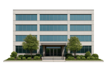 Modern office building exterior facade with reflective windows, professional commercial workspace, transparent background