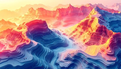 A sweeping digital landscape showcases layered mountain ranges under a warm, glowing sky, with cool valleys and intricate textures