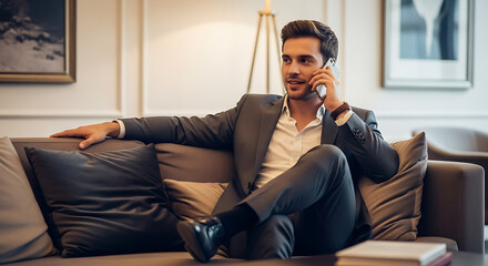 Stylish businessman in a suit talking on a mobile phone while relaxing on a sofa