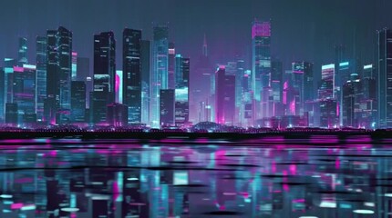 Futuristic Cyberpunk Cityscape at Night with Neon Lights and Reflections - Powered by Adobe