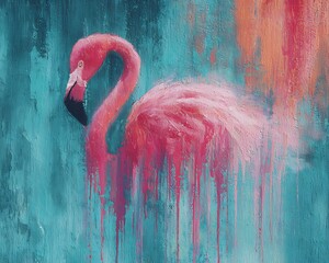 Vibrant flamingo with dripping paint effect on a textured background