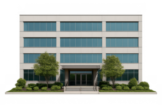 Modern office building exterior facade with reflective windows, professional commercial workspace, transparent background