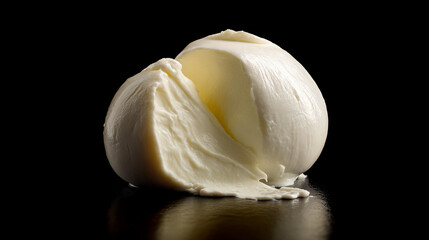 Close up of a fresh burrata cheese ball with a cut portion on a black reflective surface studio shot