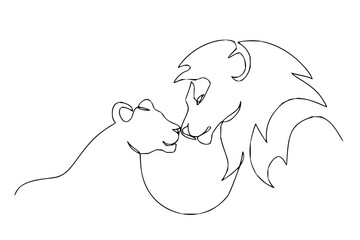 Tender moment between majestic lion and lioness captured in elegant continuous line art, symbolizing love and family connection