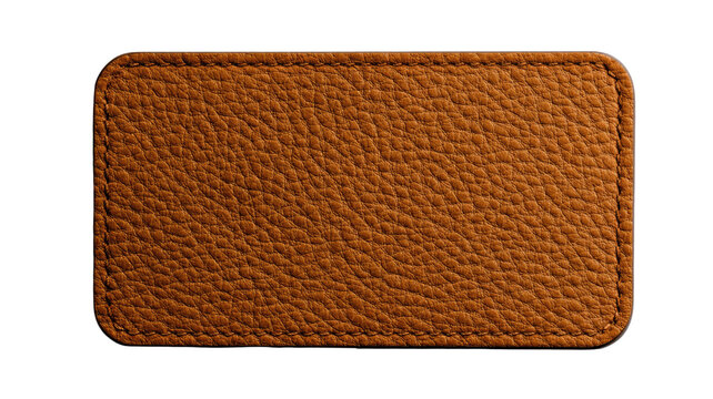  Rectangular brown leather patch with textured surface and stitched edges isolated on white background for craft and design purposes