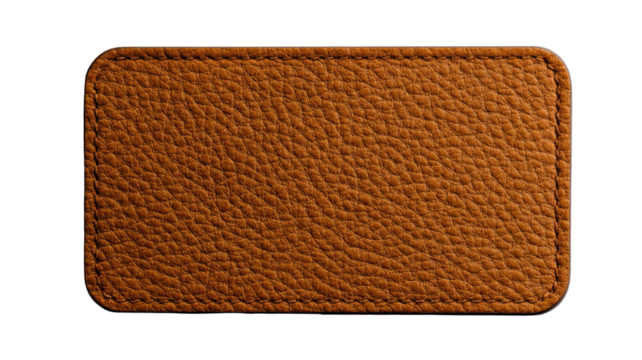  Rectangular brown leather patch with textured surface and stitched edges isolated on white background for craft and design purposes