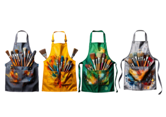 Set Apron with Paintbrushes and Splatters isolated on transparent or white background