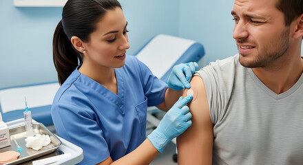 Nurse administering vaccination to a nervous male patient in a medical clinic