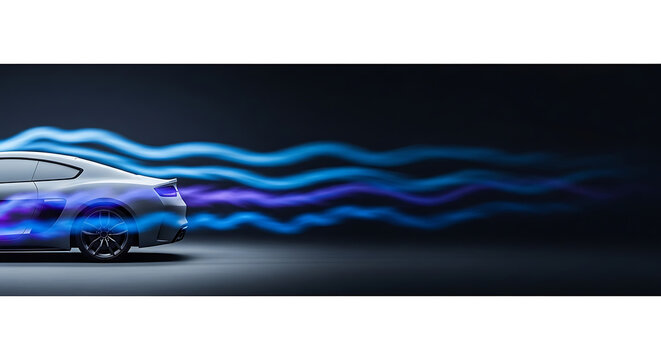 Sleek silver sports car with dynamic blue and purple light trails