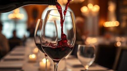Red wine pouring into glasses, elegant dining atmosphere closeup.