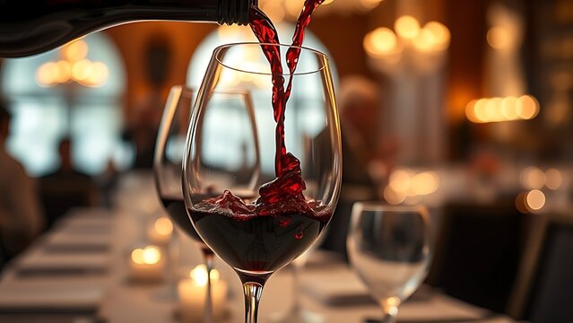 Red wine pouring into glasses, elegant dining atmosphere closeup.
