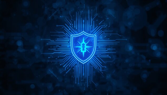 Cybersecurity protection with a glowing shield and network connections, data defense for digital business, a modern solution for data privacy.