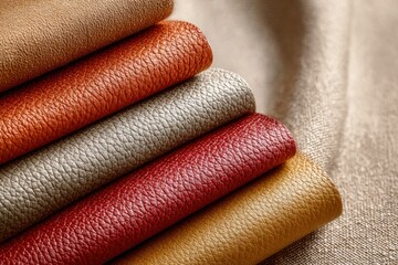 Colorful leather textiles display craft workshop product showcase bright environment close-up view fabric quality exploration