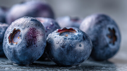 Close up of fresh blueberries with water droplets on their surface creating a vibrant wet look