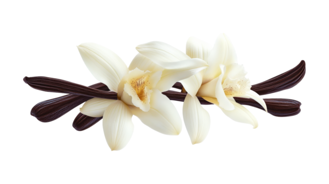Vanilla flowers and pods isolated on a transparent background