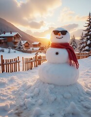 Obraz premium Snowman with sunglasses and a scarf is standing next to a sun the sun is smiling and the snowman is happy snowman christmas holiday decoration winter season cute snow