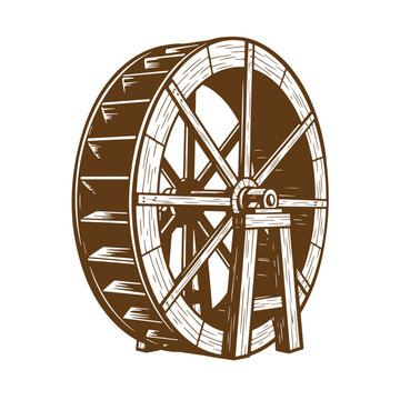 Hand drawn sketch of a classic wooden water wheel depicting old engineering