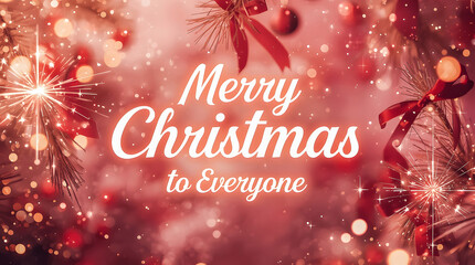 Sparkling, horizontal Merry Christmas banner images featuring a warm pink and red palette, twinkling bokeh lights, festive ornaments, ribbons, and glowing holiday messages.