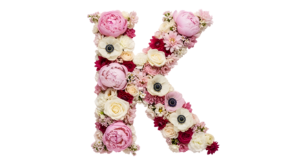 Elegant letter k crafted from delicate pink and white flowers on a black background