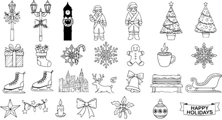 Detailed Christmas and Winter Holiday Line Art Icon Collection: Hand-Drawn Vector Set with Festive Doodles and Seasonal Symbols