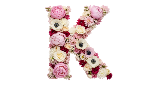 Elegant letter k crafted from delicate pink and white flowers on a black background