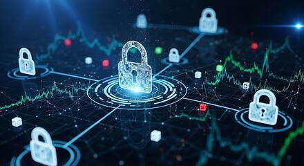 Cybersecurity network with padlock icons representing data protection and digital security, highlighting the importance of safeguarding information in the digital age